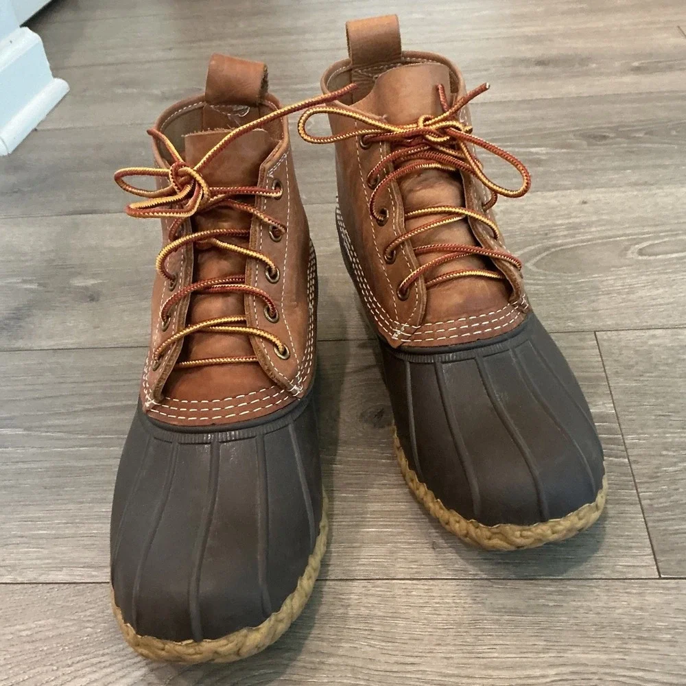LL Bean Mens Leather Duck Boots 12 Brown Tan Bean Boots Rubber Rain Fisherman